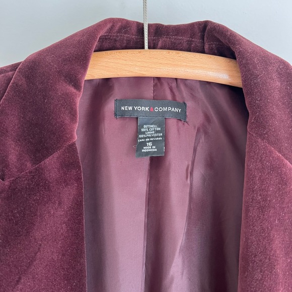 New York & Company Velvet Blazer 16 Burgundy Red Wine Button Front Cotton Jacket - Picture 5 of 8